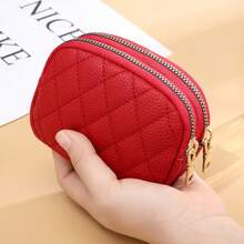 Rhombus Embroidered Coin Purse Double Layer Zipper Key Organizer Large Capacity Double Zipper Card Holder For Women Wallet Mini Wallet Purse Wallet Coin Wallet