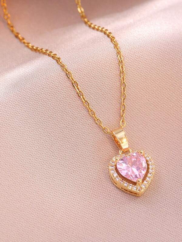 1pc Stainless Steel Non-Fading Heart Necklace, Fashionable Design, Trending, Micro-Inlaid Pink Zirconia Clavicle Chain