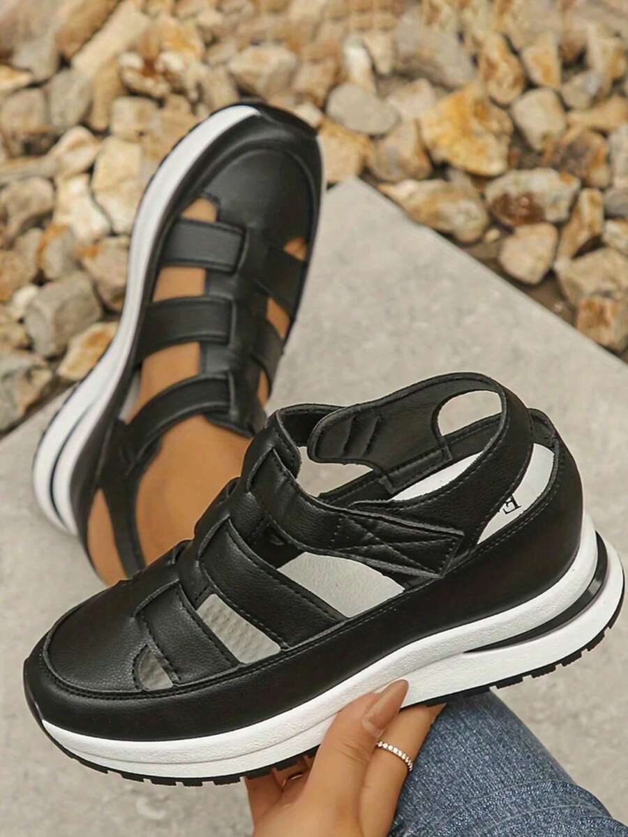 New Ladies' Casual Sandals In 2025. Solid-Color, Versatile And Fashionable T-Strap Ladies' Sandals. Elegant And Retro Roman T-Strap Sandals. - màu đen - Xem 1