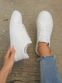 Plus Size Women's Casual Lace-Up White Sneakers, 2025 New Versatile Casual Sports Solid Color Flat Student Shoes, Lightweight Casual Fashion Shoes - White - View 3