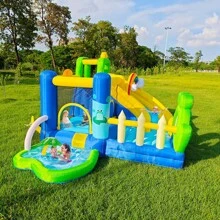 Castillo hinchable para uso en interior y exterior, equipado con tobogán, piscina de bolas y rocódromo, así como un muñeco hinchable de gorila con soplador de aire y un castillo hinchable con temática de puente de rana. - Verde - Ver 8