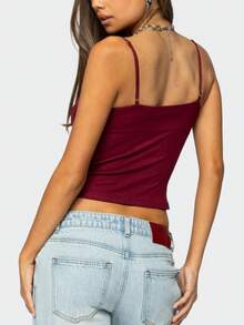 Women Cowl Neck Cami Tank Tops Layered Bra Spaghetti Strap Cutout Ruched Front Slim Fit Beaded Camisole Crop Tops Summer Sexy Backless Sleeveless Vests Shirts Party Club Going Out Tops Streetwear - 酒紅色 - 查看 2