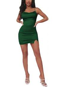 LYANER Women's Satin Silk Spaghetti Strap Slit Bodycon Sleeveless Mini Dress Prom Dress - 綠松石 - 查看 11