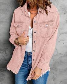 Vetinee Women's Oversized Button Up Frayed Hem Shacket Long Sleeve Pockets Denim Jean Jacket - 藕粉色 - 查看 4