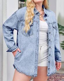 Vetinee Women's Oversized Button Up Frayed Hem Shacket Long Sleeve Pockets Denim Jean Jacket - 路夜藍 - 查看 8