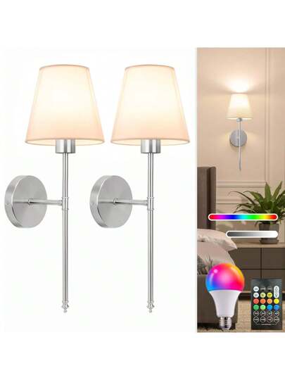 Wand Sconces, Bathroom Vanity Sconces Lighting Wit Fabric Shades, Wireless Installation, Battery Charging, Remote Control Industrial Lamps, Lights Bedroom Living Room Kitchen