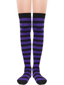 Womens Thigh High Socks Striped High Knee Socks Knee High Socks For Cosplay Long Socks Over The Knee Leg Warmers - 黑紫色條紋 - 查看 1