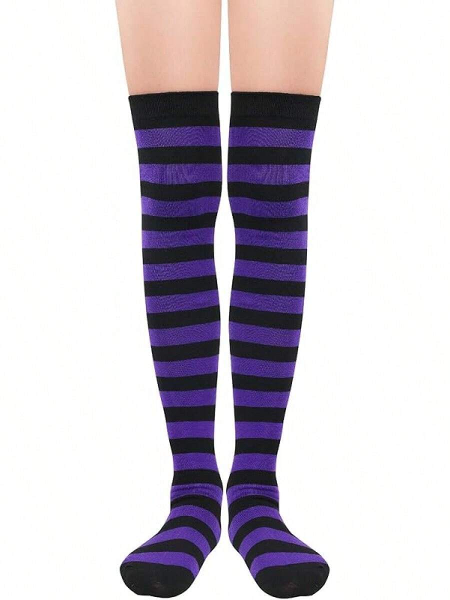 Womens Thigh High Socks Striped High Knee Socks Knee High Socks For Cosplay Long Socks Over The Knee Leg Warmers - 黑紫色條紋 - 查看 1