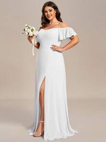 EVERPRETTY Romantisches Brautkleid/Hochzeitskleid aus Chiffon mit Schulterausschnitt und hohem Schlitz für Große Größen - Weiss - Übersicht 3