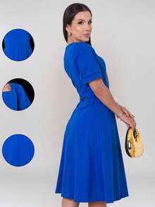 Milimetrica Vestido Midi Feminino Gravida Soltinho Elegante Com Manga Princesa Evangélico Congregar - Azul Royal - Visão 5