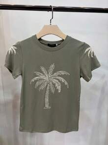 Short Sleeve T-Shirt Embroidered With Mandala Flower Embroidery - Army Green - View 1