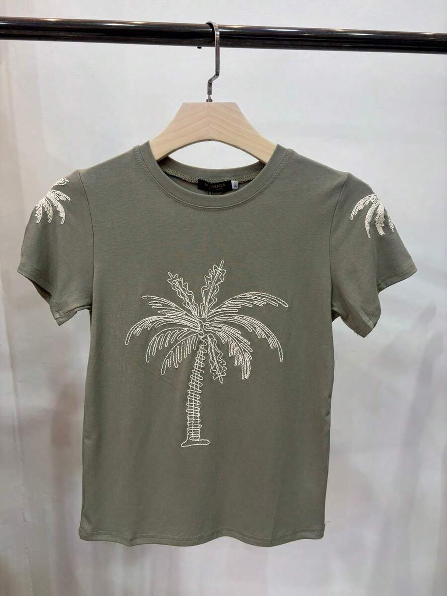 Short Sleeve T-Shirt Embroidered With Mandala Flower Embroidery - Army Green - View 1