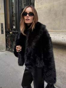 Camellia New Autumn/Winter Faux Fox Fur Collar Fashionable Short Jacket, Youthful Artificial Fur Coat - Black - View 6