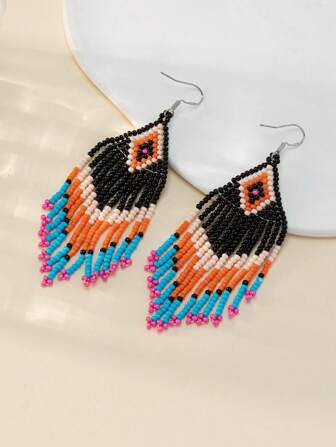 1 Pair Bohemian Style Holiday Beach Vacation Tasseled Beaded Earrings, Pink & Blue