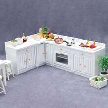 1/12 Escala Muebles de Cocina de Juguete Miniatura de Madera para Casa de Muñecas - Incluye Gabinete, Refrigerador, Estufa, Fregadero y Mostrador, Adecuado para Decoración de Casa de Muñecas, Combinación Rosa