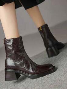 Fall/Winter Chelsea Boots For Women, Leather Upper, Chunky Heel, Square Toe, Thermal Lining, Elastic, Slim Fit, Ankle Boots - Brown - View 5