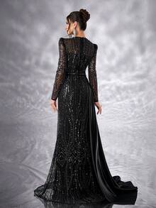 YISIKADO Women Mesh Contrast Pleated Satin Luxury Sequin Evening Dress Formal Dress V Neck Long Sleeve Elegant Wedding Guest Dress, For Graduation, Banquet Dinner Ceremony Celebration Ceremonial Dress - 黑色 - 查看 2