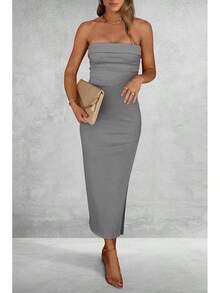 Women's Summer Bodycon Maxi Tube Dress Ribbed Strapless Side Slit Long Going Out Casual Elegant Party DressesHalloween Christmas New Year - 灰色 - 查看 8