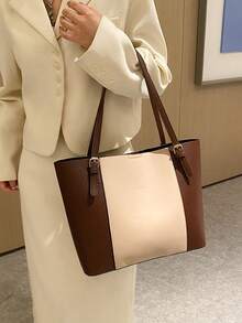 大容量休闲手提包，拼色设计配字母金箔装饰，可调节肩带，女士百搭通勤包 - 彩色 - 查看 6