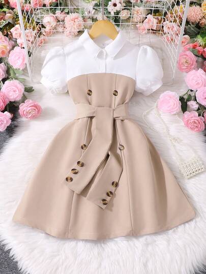 夏季新款双排扣领泡泡袖拼色连衣裙，适合幼儿女孩，配有腰带，时尚优雅