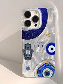 蓝色邪眼和哈姆萨之手图案时尚手机壳 1 件装 独特蓝眼外壳 蓝金纹理图案手机壳 加厚透明保护套 兼容三星 A05 A05S A13 A14 A15 A53 A54 A55 A56 S22 S23 S24 S25 11 12 13 14 15 16 Pro Max 生日礼物派对，国际版，非国内版 - 彩色 - 查看 1