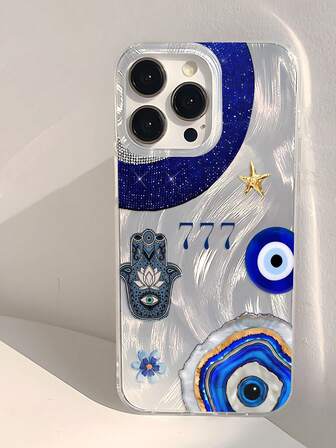 1pc Unique Blue Eye Shell Blue Gold Texture Pattern Phone Case, Thick Transparent Protective Cover Compatible With Samsung A05, A05S, A13, A14, A15, A53, A54, A55, A56, S22, S23, S24, S25, 11, 12, 13, 14, 15, 16 Pro Max