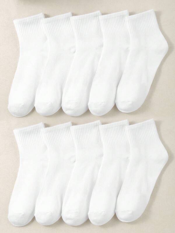 12 Pairs White Solid Color Mid-Calf Socks, Suitable For Daily Casual Wear, Korean Style Sports Socks For Summer & Autumn/Winter Back To School Season