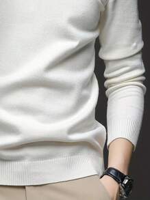 Men's Crew Neck Long Sleeve Sweater, Versatile Everyday Wear Knitted Pullover - White - View 10