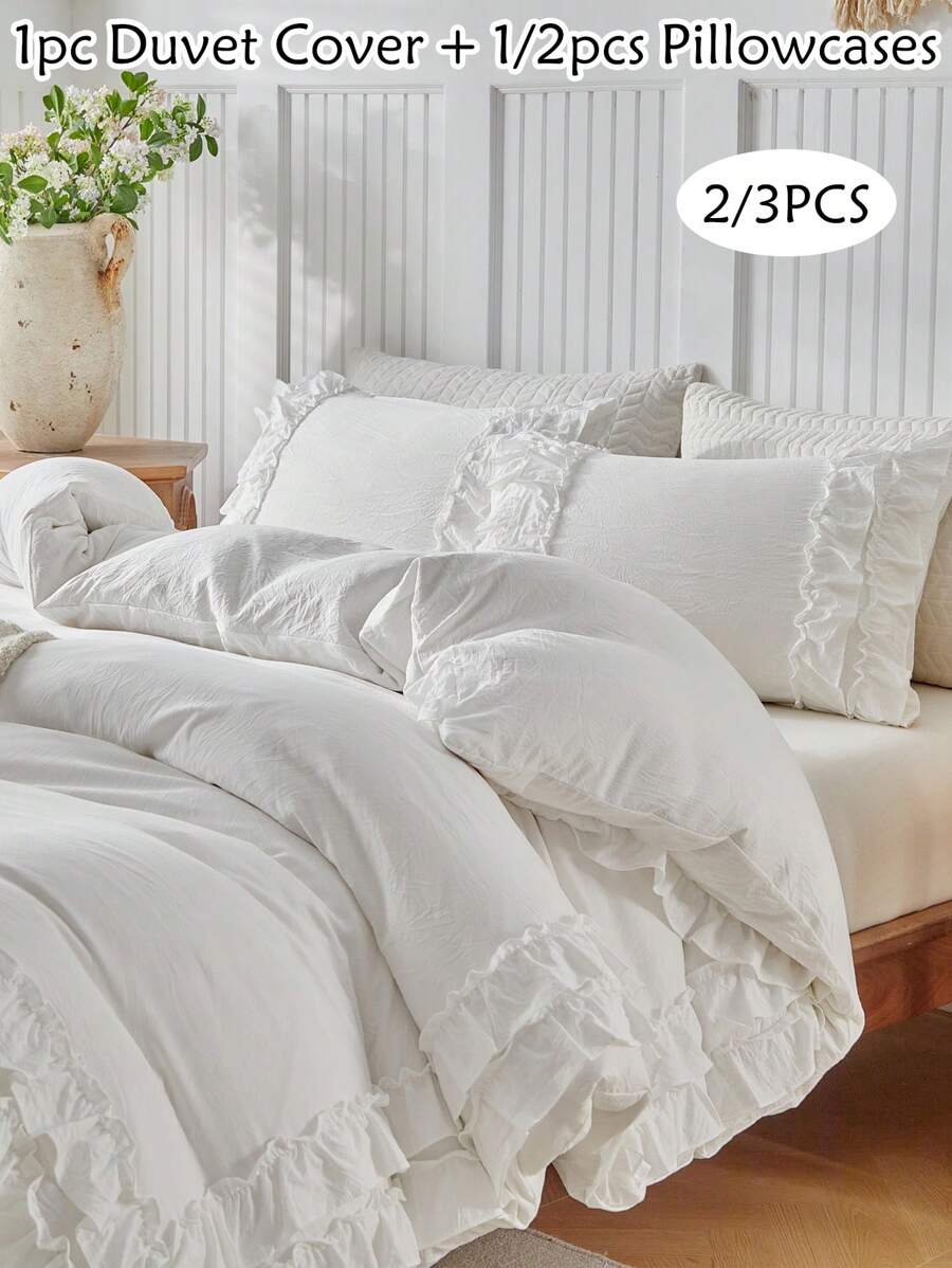 2/3pcs White Duvet Cover Set, Shabby Chic Bedding Set Soft Breathable Washed Microfiber Ruffle Duvet Cover Cute Comforter Cover Girls Women (1 Duvet+ 1/2 Pillowcases) - White - View 1