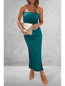 Women's Summer Bodycon Maxi Tube Dress Ribbed Strapless Side Slit Long Going Out Casual Elegant Party DressesHalloween Christmas New Year - 藍綠色 - 查看 4