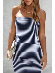 Women's Summer Bodycon Maxi Tube Dress Ribbed Strapless Side Slit Long Going Out Casual Elegant Party DressesHalloween Christmas New Year - 條紋海軍白 - 查看 5
