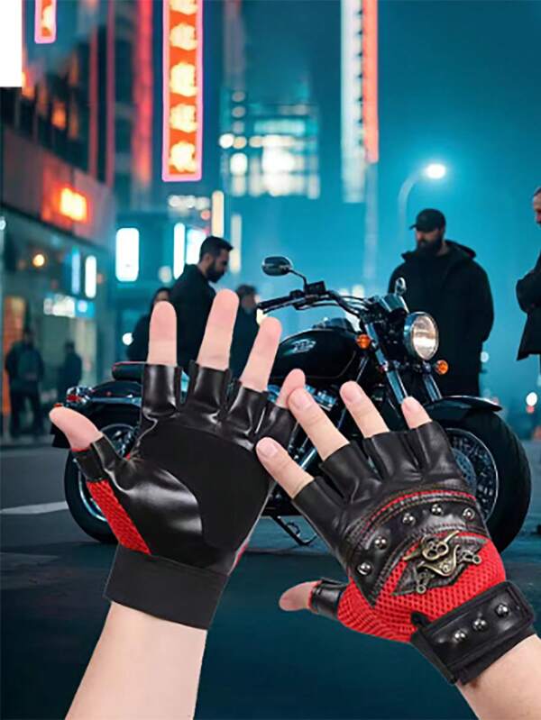 Punk Skulls Rivet Fingerless Gloves PU Leather Gloves Men Women Fashion Hip Hop Anti-Slip Half Finger Gloves Summer Cycling Motorcycle Accessories Gloves