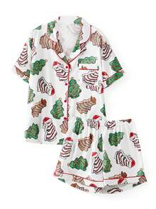 Women's Holiday Pajamas Set Santa Claus/Pumpkin Print Short Sleeve Lapel Button Tops Shorts Loungewear - Màu be - Xem 3