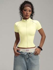 FWH Streetwear Hybrid,Relaxed-Fit Performance Top,High Neck Zip Detail,Tummy Control,Comfort Meets Style,Office-To-Pilates Transition,Perfect For Dance/Jogging,Retro Sporty Vibes + Modern Fits,Fashion Sports Jacket - Yellow - View 3