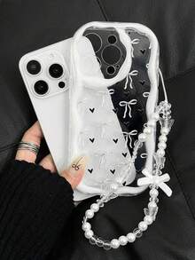 粉色蝴蝶结和粉色爱心全印花手机壳，搭配粉色波浪边珍珠链挂绳套装，兼容 17/16/15/14/13/12/11 Pro Max/14/15/16 Plus/XS/XR/X/8/7 - 無色 - 查看 3