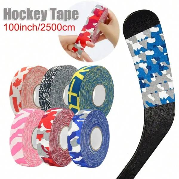1 rollo de cinta de hockey de alta resistencia - 100" X 250cm, cinta deportiva de mezcla de poliéster antideslizante para palos de hockey sobre hielo, bádminton, tenis de mesa en colores surtidos (rojo, azul, negro, blanco, rosa) con patrón de camuflaje.