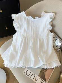 可爱荷叶边休闲女式上衣，系带前开襟二合一韩版盖袖 T 恤，返校季 - 白色 - 查看 5