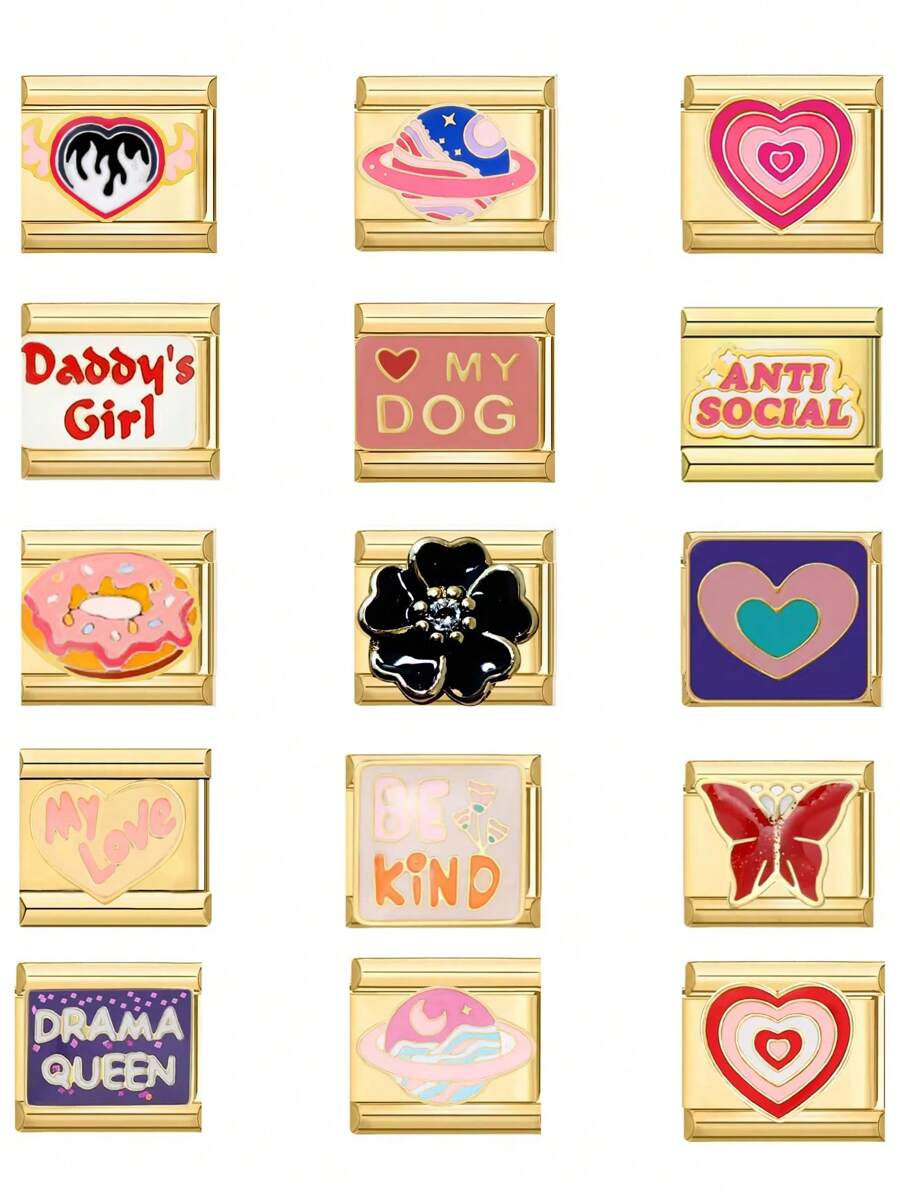 模块化DIY手链套装，包含彩色图案、樱桃爱心、花朵、宇宙和谐以及“我爱你”字样——多功能珠宝制作套装，优雅不锈钢配饰，女士DIY手工礼物，送给女朋友的理想之选