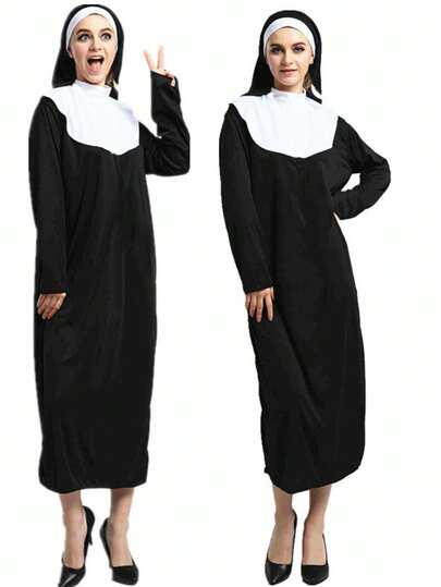 1pc Halloween Black Robe Costume, Cosplay Priest Dress For Women, Party Role Play, Stage Performance