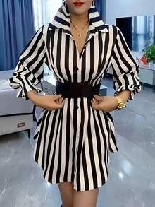 Women's Casual Commuter Striped Mid-Length Shirt, Lapel Flared Sleeves, Button Front Ruffle Detail, Polyester Fabric - Black - View 4