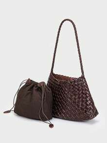 1 pieza Conjunto de bolso de hombro tejido vintage + bolsa con cordón, Juego de bolso de estilo artístico hecho a mano, Nuevo nicho de verano Versátil bolso de hombro/axila tejido a mano, Adecuado para uso diario, compras, viajes, vacaciones