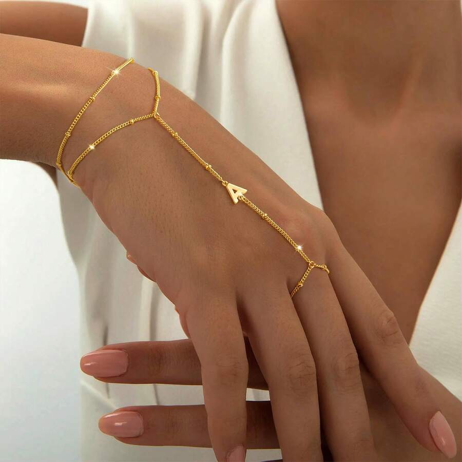 Initial Hand Chain For Women - Dainty Gold Ring Bracelet Hand Chain For Women , Letter A-Z Initial Link Charm Bracelets Personalized Gold Jewelry Gifts - 金色 - 查看 1
