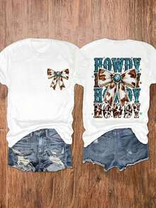 Western Tops Women, Turquoise Bow-Knot Print Round Neck Short Sleeve Top, Gift For Mom, Western Cowgirl Style, Country Outfit, Summer Cowboy Tee, Free Shipping - 白色 - 查看 1