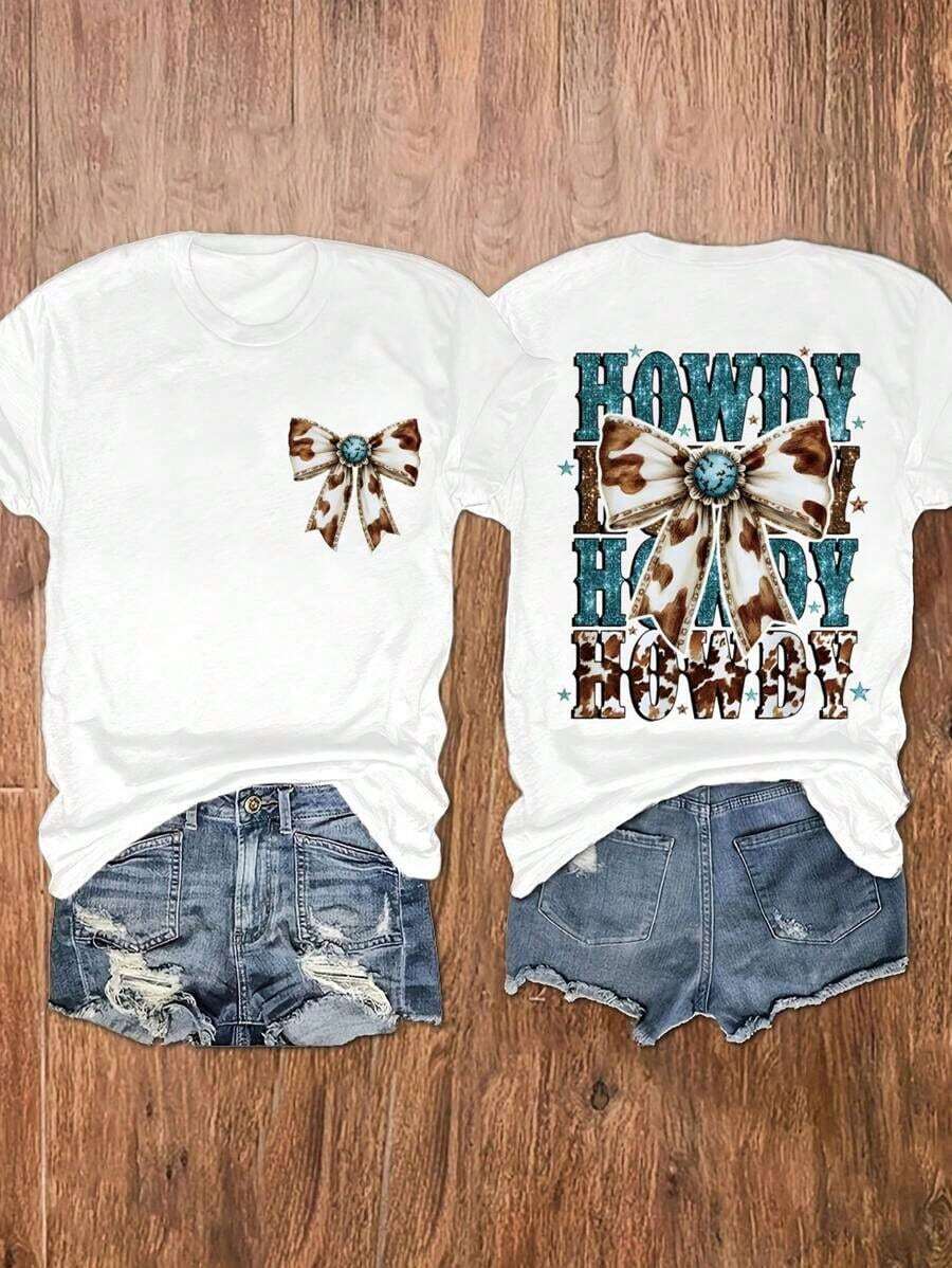 Western Tops Women, Turquoise Bow-Knot Print Round Neck Short Sleeve Top, Gift For Mom, Western Cowgirl Style, Country Outfit, Summer Cowboy Tee, Free Shipping - 白色 - 查看 1