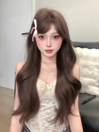 alicegarden 1 片合成耐热长卷发，蜜棕色假发带刘海，28 英寸自然逼真的假发编织，适合日常使用（不含配件）