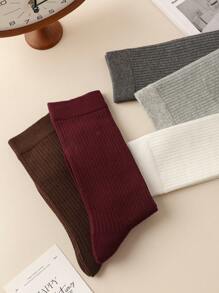 1/5/6 Pairs Women Socks, Encore Solid Color Ribbed Mid-Calf Socks, Simple & Versatile For Outdoor Casual Wear, Indoor Black & White Ladies Socks, Autumn/Winter