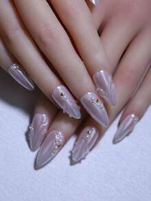 10pcs Almond Moonlight White 100% Handmade 3D Wavy French Minimalist Nail Stickers, Reusable, Suitable For All Seasons, Nail & Eyelash - White - View 6