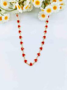 1件优雅时尚红心水钻项链，铜色金属吊饰项链，女士迷人珠宝，适合日常佩戴、装饰、派对、音乐节、拍照。手工链条，可剪裁至所需长度。