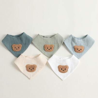 5pcs/Set Muslim Cotton Baby Bibs, Soft Absorbent Pure Cotton Bear Pattern Breathable Triangle Burp Cloths