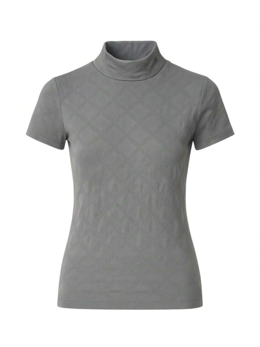 Women's Ribbed Mock Neck Short Sleeve Slim Fit Knit Top, Lightweight Stretchy Soft Tee Shirt, Casual Minimalist High Neck Pullover For Work, Travel And Everyday Wear, Classic Beige - 灰色 - 查看 1
